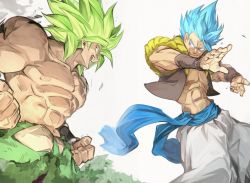 Rule 34 | 2boys, abs, blue hair, broly (dragon ball super), clenched hand, clothes lift, dragon ball, dragon ball super, dragon ball super broly, feet out of frame, fighting stance, fingernails, frown, gogeta, green hair, grin, legendary super saiyan, looking at another, male focus, multiple boys, nipples, no pupils, outstretched arms, pants, pectorals, profile, shaded face, short hair, smile, spiked hair, super saiyan, super saiyan blue, teeth, topless male, upper body, upper teeth only, waistcoat, white pants, wristband, yunar