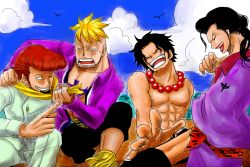 Rule 34 | 4boys, asuma (sorawomai), black hair, blonde hair, blue sky, brown hair, cloud, freckles, izou (one piece), jewelry, laughing, male focus, marco (one piece), multiple boys, muscular, necklace, one piece, outdoors, portgas d. ace, scar, sitting, sky, tattoo, thatch, topless male