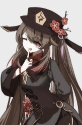 Rule 34 | 1girl, ;p, absurdres, arm behind back, bead bracelet, beads, black shorts, bracelet, brown hair, coat, finger to mouth, flower, flower-shaped pupils, genshin impact, grey background, grey coat, hat, hat flower, hat tassel, highres, holding, holding behind back, hu tao (genshin impact), index finger raised, jewelry, long hair, long sleeves, looking at viewer, morh, no nose, one eye closed, orange eyes, red flower, shorts, simple background, solo, symbol-shaped pupils, tongue, tongue out, twintails, upper body, white background