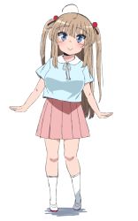 Rule 34 | 1girl, blue eyes, brown hair, full body, highres, komusou (jinrikisha), long hair, looking at viewer, ooba minori, original, simple background, skirt, smile, solo, twintails, white background, aged down
