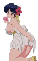 Rule 34 | 1girl, belt, black hair, blush, bow, breasts, brown eyes, covering privates, covering ass, dress, flower, food, fruit, hair flower, hair ornament, hair ribbon, highres, holding, holding food, holding fruit, kneeling, large breasts, legs together, looking at viewer, mage (harumagedon), no bra, peach, ranma 1/2, revealing clothes, ribbon, short hair, sideboob, smile, solo, tendou akane, thighs, white background, white bow, white dress, yellow footwear