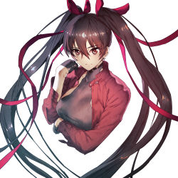 Rule 34 | 1girl, black gloves, breasts, brown hair, chyko, closed mouth, commentary request, gloves, grey sweater, hair between eyes, hair ribbon, half gloves, highres, jacket, large breasts, long hair, long sleeves, looking at viewer, meme attire, open clothes, open jacket, original, red eyes, red jacket, red ribbon, ribbed sweater, ribbon, simple background, smile, solo, sweater, twintails, upper body, very long hair, virgin killer sweater, white background