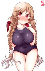 Rule 34 | 1girl, alternate costume, artist logo, backpack, bag, blush, braid, breasts, cloud hair ornament, collarbone, commentary request, competition school swimsuit, dated, gluteal fold, highres, kanon (kurogane knights), kantai collection, large breasts, leaning forward, light brown hair, long hair, looking at viewer, minegumo (kancolle), randoseru, red eyes, school swimsuit, signature, simple background, solo, swimsuit, thigh gap, twin braids, white background