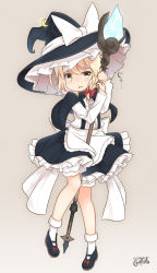Rule 34 | 1girl, :d, absurdres, aged down, apron, black capelet, black footwear, black hat, black skirt, blonde hair, bloomers, blush, bow, braid, brown background, capelet, center frills, commentary request, coreytaiyo, crescent, crescent pin, dated, frills, hair between eyes, hair bow, hat, highres, holding, holding staff, kirisame marisa, long sleeves, looking at viewer, open mouth, red bow, shirt, shoes, side braid, signature, single braid, skirt, smile, socks, solo, staff, standing, tachi-e, tears, touhou, underwear, waist apron, white apron, white bloomers, white bow, white shirt, white socks, witch hat, yellow eyes