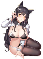 Rule 34 | 1girl, animal ear fluff, animal ears, arm up, atago (azur lane), atago (stunning speedster) (azur lane), azur lane, bikini, black bikini, black hair, breasts, brown thighhighs, btraphen, cleavage, highres, large breasts, long hair, long sleeves, looking at viewer, mole, mole under eye, navel, parted lips, race queen, shrug (clothing), simple background, sitting, solo, stomach, swimsuit, thighhighs, very long hair, white background, wing collar, wrist cuffs, yellow eyes