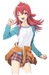 Rule 34 | 1girl, breasts, brown eyes, clenched hand, clothes around waist, curly hair, highres, idolmaster, idolmaster shiny colors, komiya kaho, long hair, looking at viewer, murata tefu, one eye closed, open mouth, red hair, shorts, simple background, smile, solo, white background