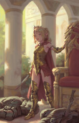 Rule 34 | 1girl, armor, armored boots, bigrbear, blonde hair, blood, boots, braid, breastplate, breath, cape, column, commentary, corpse, crown, day, elf, english commentary, french braid, full body, green eyes, hand up, highres, holding, holding sword, holding weapon, legs apart, light blush, looking at viewer, off shoulder, open mouth, original, parted bangs, pillar, pointy ears, ponytail, red cape, short hair, solo, standing, sword, thigh boots, thighs, throne, unsheathed, weapon