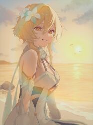 Rule 34 | 1girl, beach, bird, breasts, cloud, commentary request, detached sleeves, dress, feather hair ornament, feathers, flower, from side, genshin impact, hair between eyes, hair flower, hair ornament, highres, lily (flower), looking at viewer, lumine (genshin impact), medium breasts, ocean, parted lips, scarf, short hair with long locks, sitting, sky, smile, solo, sun, sunset, sushi gnsn, white dress, white flower, white scarf, white sleeves, yellow eyes