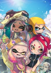Rule 34 | + +, 1boy, 4girls, ;d, ^ ^, agent 8 (splatoon), bad id, bad twitter id, bandana, bare shoulders, black shirt, blonde hair, blue eyes, blue sky, blunt bangs, brown eyes, brown hair, brown scarf, cane, cap&#039;n cuttlefish, closed eyes, closed mouth, cloud, colored skin, commentary request, crop top, crown, dark skin, day, facing viewer, fangs, fingers together, floating hair, gem, glasses, gradient hair, green hair, grin, hand on another&#039;s shoulder, hand up, hands up, hat, head tilt, headphones, headphones around neck, highres, inkling, inkling girl, inkling player character, jewelry, kashu (hizake), lens flare, long hair, long sleeves, looking at viewer, looking to the side, m/, marina (splatoon), medium hair, midriff, mole, mole under mouth, monster girl, multicolored hair, multicolored skin, multiple girls, navel, necklace, nintendo, octoling, octoling girl, octoling player character, one eye closed, open mouth, outdoors, own hands together, pearl (splatoon), pink hair, pointy ears, red hair, ring, sailor hat, scarf, shirt, short eyebrows, signature, single bare arm, single sleeve, sky, sleeveless, smile, splatoon (series), splatoon 2, splatoon 2: octo expansion, squidbeak splatoon, standing, stomach, suction cups, sun, sunlight, sweater, sweater vest, tentacle hair, turtleneck, v, white hair, white hat, white sweater, wristband, yellow eyes, yellow sweater, zipper, zipper pull tab