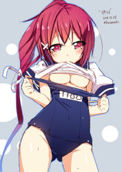 Rule 34 | 10s, 1girl, blush, breasts, cleavage, clothes lift, clothes pull, dated, hair ribbon, i-168 (kancolle), kantai collection, kurozu, large breasts, long hair, looking at viewer, mouth hold, one-piece swimsuit pull, ponytail, red eyes, red hair, ribbon, school swimsuit, school uniform, serafuku, shirt lift, sketch, solo, swimsuit, swimsuit under clothes, twitter username, underboob