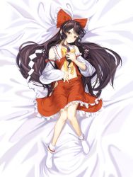 Rule 34 | 1girl, absurdres, bare shoulders, bed sheet, bow, bowtie, braid, brown hair, closed mouth, clothes lift, collared shirt, dakimakura (medium), detached sleeves, eyelashes, frilled bow, frilled shirt collar, frilled skirt, frilled sleeves, frills, full body, gohei, hair bow, hair tubes, hakurei reimu, highres, hip vent, holding orb, long hair, looking at viewer, midriff, nail polish, navel, no shoes, orb, red bow, red nails, red shirt, red skirt, ribbon-trimmed sleeves, ribbon trim, sarashi, shirt, shirt lift, sidelocks, skirt, sleeveless, sleeveless shirt, sleeves past wrists, smile, solo, swept bangs, tabi, touhou, white legwear, yal (lily910218), yellow bow, yin yang, yin yang orb