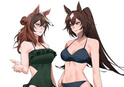 Rule 34 | 2girls, animal ears, arm at side, bare shoulders, bikini, black bikini, breasts, brown hair, collarbone, covered navel, frilled one-piece swimsuit, frills, green one-piece swimsuit, hair bun, halterneck, hand on own hip, hand up, highres, horse ears, horse girl, horse tail, korean commentary, long hair, looking at another, medium breasts, multicolored hair, multiple girls, navel, one-piece swimsuit, open mouth, parted lips, ponytail, purple eyes, red eyes, sirius symboli (umamusume), streaked hair, swimsuit, symboli rudolf (umamusume), tail, ukka (0ukka ), umamusume, upper body