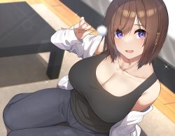 Rule 34 | 1girl, black tank top, blue pants, blurry, blurry background, bob cut, breasts, brown hair, cleavage, collarbone, commentary request, fingernails, go-1, highres, holding, large breasts, looking at viewer, mimikaki, open mouth, original, pants, parted bangs, purple eyes, short hair, sitting, solo, tank top