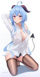 Rule 34 | 1girl, absurdres, ahoge, arm behind head, arm up, black panties, blue hair, blush, breasts, brown thighhighs, cameltoe, closed mouth, collared shirt, demon tail, dress shirt, frown, ganyu (genshin impact), genshin impact, goat horns, gradient eyes, hair flaps, highres, horns, kneeling, large breasts, long hair, long sleeves, looking at viewer, mizoshi-x, multicolored eyes, no bra, no pants, no shoes, off shoulder, panties, partially unbuttoned, purple eyes, raised eyebrows, see-through, see-through shirt, shirt, sidelocks, simple background, single bare shoulder, solo, tail, thighhighs, thighs, twitter username, underwear, wet, white background, white shirt