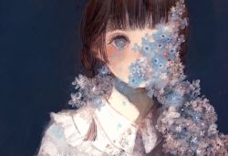 Rule 34 | 1girl, black hair, blue background, blue eyes, blue flower, blunt bangs, blush, braid, collared shirt, covered face, flower, frills, highres, long hair, looking at viewer, orie h, original, portrait, shirt, simple background, solo, twin braids, white shirt