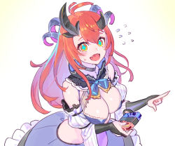 Rule 34 | + +, 1girl, :d, absurdres, antenna hair, asymmetrical horns, blue bow, blue skirt, bow, breasts, bridal gauntlets, brown eyes, cleavage, commentary request, copyright request, detached sleeves, enkyo yuuichirou, fang, fingernails, flying sweatdrops, hair between eyes, handheld game console, highres, holding, holding handheld game console, horns, juliet sleeves, large breasts, long hair, long sleeves, looking at viewer, midriff, nail polish, open mouth, pink nails, pointing, puffy sleeves, red hair, simple background, sketch, skirt, smile, solo, sweat, very long hair, virtual youtuber, white background, white sleeves