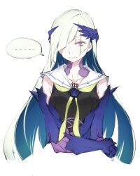 Rule 34 | ..., 1girl, blue hair, breasts, brynhildr (fate), chuzenji, closed mouth, colored inner hair, cropped torso, detached sleeves, expressionless, fate/prototype, fate/prototype: fragments of blue and silver, fate (series), hair over one eye, highres, long hair, looking at viewer, medium breasts, multicolored hair, neckerchief, purple eyes, sailor collar, simple background, solo, speech bubble, spoken ellipsis, two-tone hair, upper body, white background, white hair, yellow neckerchief