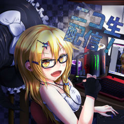 Rule 34 | 1girl, bad id, bad pixiv id, bare shoulders, bespectacled, blonde hair, computer, energy drink, fang, feather quilt, female focus, fingerless gloves, glasses, gloves, hair ornament, hairclip, hat, unworn hat, unworn headwear, keyboard (computer), kirisame marisa, long hair, monitor, monster energy, open mouth, recursion, ribbon, solo, star (symbol), star hair ornament, touhou, wink, witch hat, yellow eyes