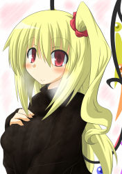 Rule 34 | 1girl, alternate costume, alternate hair length, alternate hairstyle, breasts, flan-maman (goma), flandre scarlet, goma (gomasamune), large breasts, long hair, looking at viewer, aged up, ribbed sweater, scrunchie, side ponytail, smile, solo, sweater, touhou, very long hair, wings
