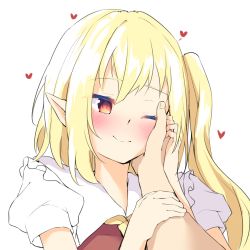 Rule 34 | 1girl, arm hug, ascot, blonde hair, blush, commentary request, crystal, disembodied hand, flandre scarlet, heart, highres, looking to the side, no headwear, one side up, pointy ears, red eyes, red vest, rushigi0, shirt, short hair, simple background, smile, solo, touhou, vest, white background, white shirt, wings, yellow ascot