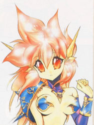 Rule 34 | 1990s (style), 1girl, armor, breasts, dragon half, horns, long hair, mink (dragon half), mita ryuusuke, pasties, pink hair, red eyes, retro artstyle, solo, white background