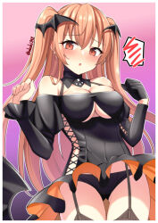 Rule 34 | 1girl, akahi242, black dress, black gloves, blush, breasts, brown eyes, cleavage, cowboy shot, dress, garter straps, gloves, hair ornament, halloween costume, highres, johnston (kancolle), kantai collection, large breasts, light brown hair, long hair, looking at viewer, off shoulder, solo, two side up