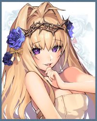 Rule 34 | 1girl, ashtoreth (destiny child), blonde hair, blue flower, blue rose, blush, border, breasts, cleavage, crown of thorns, destiny child, fang, flower, hair between eyes, hair flower, hair intakes, hair ornament, hand to own mouth, highres, lips, long hair, looking at viewer, medium breasts, migu (iws2525), parted lips, purple eyes, rose, thorns, towel, upper body