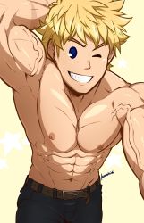 Rule 34 | 1boy, abs, absurdres, alternate hairstyle, artist name, bara, beige background, belt, blonde hair, blue eyes, boku no hero academia, highres, kuroshinki, large pectorals, looking at another, looking at viewer, male focus, manly, messy hair, muscular, navel, nipples, one eye closed, pants, pectorals, scar, topless male, simple background, smile, solo, teeth, togata mirio, upper body, veins