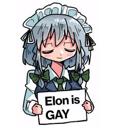 Rule 34 | 1girl, blush, bow, braid, christmas is cancelled, closed eyes, closed mouth, cropped torso, english text, green bow, green necktie, grey hair, hair bow, holding, holding sign, insult, izayoi sakuya, kasuya baian, long sleeves, maid, maid headdress, medium hair, meme, necktie, neta, short sleeves, sign, simple background, solo, touhou, twin braids, white background