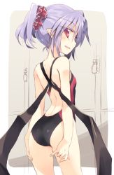 Rule 34 | 1girl, alternate hairstyle, ass, back, bat wings, blush, breasts, competition swimsuit, cowboy shot, from behind, hair ornament, light purple hair, locker, locker room, looking at viewer, looking back, one-piece swimsuit, open mouth, pointy ears, ponytail, profile, purple hair, red eyes, remilia scarlet, satou kibi, scrunchie, sketch, small breasts, smile, solo, standing, swimsuit, thighs, touhou, wings