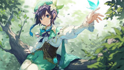 Rule 34 | 1boy, beret, black bow, black hair, blue eyes, blue hair, blurry, bow, braid, cape, capelet, closed mouth, collared capelet, commentary, corset, crystalfly (genshin impact), depth of field, falling leaves, floating hair, flower, genshin impact, gradient hair, green cape, green capelet, green hat, green shorts, hair between eyes, hat, hat flower, head tilt, highres, juliet sleeves, leaf, long sleeves, looking at viewer, male focus, multicolored hair, outstretched arm, panpanmeiyou hp, pantyhose, puffy sleeves, shirt, short hair with long locks, shorts, side braids, sitting, sitting on branch, smile, solo, striped, striped bow, swept bangs, tree, twin braids, two-sided cape, two-sided fabric, venti (genshin impact), vision (genshin impact), white flower, white pantyhose, white shirt