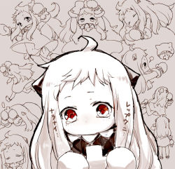 Rule 34 | 10s, 1girl, abyssal ship, ahoge, colored skin, covered mouth, holding, horns, kantai collection, looking at viewer, lying, mittens, mroj, navel, northern ocean princess, on stomach, panties, red eyes, shikigami, side-tie panties, sketch, translation request, underwear, white hair, white skin