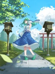 Rule 34 | 1girl, arm up, blue skirt, breasts, closed mouth, commentary request, detached sleeves, doitsuudon, frog hair ornament, full body, green eyes, green footwear, green hair, hair ornament, highres, kochiya sanae, large breasts, long hair, long sleeves, looking at viewer, nontraditional miko, print skirt, shinto, shirt, skirt, sky, sleeveless, sleeveless shirt, snake hair ornament, solo, standing, torii, touhou, wide sleeves, wind