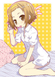 Rule 34 | 00s, 1girl, barefoot, blush, bottomless, bra, brown eyes, brown hair, condom, condom in mouth, forehead, hairband, k-on!, lingerie, mouth hold, no pants, school uniform, shimo-san, solo, tainaka ritsu, tomboy, underwear