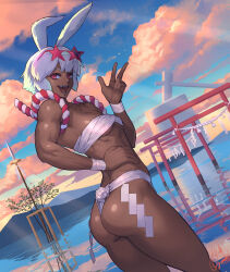 Rule 34 | 1girl, :d, abs, animal ears, ass, bare arms, bare shoulders, blue sky, breasts, chest sarashi, cloud, cloudy sky, collarbone, commentary, dark-skinned female, dark skin, day, dutch angle, eyewear on head, fang, from behind, fundoshi, hand on own stomach, hand up, highres, japanese clothes, kine, kouhaku nawa, light rays, looking at viewer, looking back, mallet, mortar (bowl), mountain, muscular, muscular female, ogami, open mouth, original, outdoors, plant, rabbit ears, rabbit girl, red eyes, reflection, rope, sarashi, shide, shimenawa, shiny skin, short hair, sidelocks, signature, sky, small breasts, smile, solo, standing, star-shaped eyewear, star (symbol), sunglasses, toned, torii, twisted torso, w, water, white hair, wrist wrap