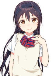 Rule 34 | 1girl, blue hair, blush, bow, bowtie, commentary request, hair between eyes, hand up, long hair, looking at viewer, love live!, love live! school idol project, otonokizaka school uniform, red bow, red bowtie, school uniform, short sleeves, simple background, skull573, smile, solo, sonoda umi, striped bow, striped bowtie, striped clothes, summer uniform, white background, yellow eyes