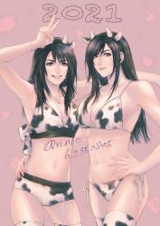 Rule 34 | 2021, 2girls, animal ears, animal print, black hair, breasts, brown eyes, cleavage, closed mouth, commentary, cow horns, cow print, crossover, fake animal ears, final fantasy, final fantasy vii, final fantasy viii, highres, horns, jewelry, long hair, looking at viewer, multiple girls, navel, noie (neunteedelstein), rinoa heartilly, simple background, smile, square enix, swimsuit, thighhighs, tifa lockhart, v