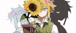 Rule 34 | 3boys, aqua eyes, basil (faraway) (omori), basil (omori), blonde hair, character name, closed mouth, collared shirt, commentary request, dark persona, dated, eyes in shadow, facing away, flower, flower pot, flower wreath, green hair, green vest, hair between eyes, hair flower, hair ornament, head wreath, highres, holding, looking at viewer, looking to the side, male focus, multiple boys, multiple persona, omori, one eye covered, open mouth, pink flower, plant, shirt, short hair, sidelocks, simple background, smile, south ac, sunflower, vest, white background, white eyes, white shirt, yellow flower