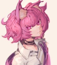 1girl animal_ear_fluff animal_ears arknights commentary_request diamond-shaped_pupils diamond_(shape) fox_ears highres looking_at_viewer mirin_chikuwa neck_ribbon pink_hair portrait ribbon shamare_(arknights) shirt short_hair simple_background solo symbol-shaped_pupils twintails white_background white_shirt