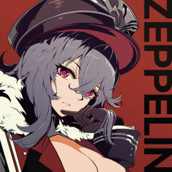 Rule 34 | 1girl, absurdres, azur lane, breasts, brown gloves, cape, character name, cleavage, coat, colored pencil (medium), fur-trimmed cape, fur-trimmed coat, fur trim, gloves, graf zeppelin (azur lane), hair between eyes, hat, highres, large breasts, long hair, long sleeves, looking at viewer, marker (medium), military hat, millipen (medium), peaked cap, portrait, rabe26k, red background, red eyes, silver hair, simple background, solo, traditional media