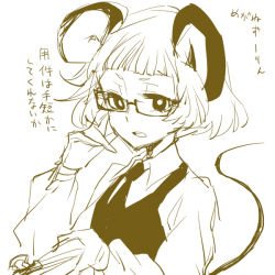 Rule 34 | 1girl, alternate costume, animal ears, bad id, bad pixiv id, bespectacled, contemporary, female focus, glasses, monochrome, mouse ears, mouse tail, nazrin, necktie, shinoasa, short hair, solo, tail, touhou