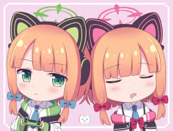 Rule 34 | 2girls, animal ear headphones, blonde hair, blue archive, blue bow, blue necktie, bow, cat ear headphones, chibi, collared shirt, commentary request, controller, fake animal ears, game controller, hair bow, halo, headphones, holding, hood, hooded jacket, jacket, long sleeves, midori (blue archive), momoi (blue archive), multiple girls, necktie, off shoulder, open clothes, open jacket, pink background, red bow, riria (happy strawberry), shirt, siblings, sidelocks, sisters, twins, upper body, white jacket, white shirt, wide sleeves