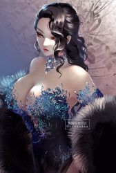 Rule 34 | 1girl, :|, black dress, black hair, blue gloves, breasts, cleavage, closed mouth, cocktail dress, detached sleeves, dress, elbow gloves, expressionless, eyelashes, flower, fur collar, genderswap, genderswap (mtf), gloves, hair over eyes, highres, jewelry, kibutsuji muzan, kimetsu no yaiba, kuroisekka, large breasts, long hair, necklace, red eyes, red lips, silver neckwear, spider lily, upper body
