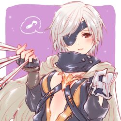 Rule 34 | 1girl, between fingers, center opening, dagger, eyepatch, granblue fantasy, grey hair, grey scarf, highres, holding, holding knife, knife, kuroi mimei, musical note, red eyes, scarf, short hair, single shoulder pad, solo, tanya (granblue fantasy), weapon