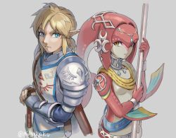 Rule 34 | 1boy, 1girl, armor, belt, blonde hair, blue belt, blue eyes, breasts, brown eyes, closed mouth, colored skin, earrings, fins, fish girl, gloves, grey background, hair ornament, highres, holding, holding polearm, holding weapon, jewelry, link, long hair, looking at viewer, mipha, monster girl, multicolored skin, nintendo, no eyebrows, pointy ears, polearm, red hair, red skin, saburou (jako), shiny skin, small breasts, smile, soldier&#039;s set (zelda), sword, the legend of zelda, the legend of zelda: breath of the wild, twitter username, weapon, yellow eyes, zora