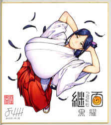 Rule 34 | 1girl, arms behind head, arms up, blue hair, breasts, character name, commentary request, copyright name, dated, feathers, from above, full body, hakama, hakama skirt, hamada yoshikazu, highres, hip vent, holding, holding own hair, huge breasts, japanese clothes, kokuyou (tsugumomo), long hair, looking at viewer, looking up, miko, official art, photo (medium), ponytail, shikishi, signature, simple background, skirt, solo, traditional media, tsugumomo, white background, wide sleeves, yellow eyes