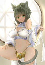 Rule 34 | 1girl, animal ears, bad id, bad pixiv id, bare shoulders, black hair, blunt bangs, blush, breasts, cat ears, cat tail, clothes lift, detached sleeves, green eyes, highres, huge breasts, large breasts, leg up, loincloth, loincloth lift, long hair, looking at viewer, midriff, navel, original, shiny skin, smile, solo, tail, yaman (yamanta lov)