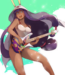 Rule 34 | 1girl, :d, animal ears, bare shoulders, bass guitar, blue eyes, blush, breasts, cleavage, dark-skinned female, dark skin, electric guitar, fate (series), guitar, instrument, jackal ears, looking at viewer, nitocris (fate), nitocris (fate/grand order), nitocris (swimsuit assassin) (fate), nitocris (swimsuit assassin) (second ascension) (fate), one-piece swimsuit, open mouth, purple hair, smile, solo, swimsuit, teeth, tokiwa midori (kyokutou funamushi), white one-piece swimsuit