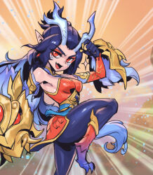 Rule 34 | 1girl, :d, armor, armpits, bare shoulders, black gloves, black hair, black pantyhose, breasts, claws, detached sleeves, dragon girl, dragon horns, emphasis lines, fang, floating, floating object, from side, gloves, horns, immortal journey shyvana, knee up, large breasts, league of legends, long hair, open mouth, orange sleeves, pantyhose, phantom ix row, pointy ears, red eyes, shiny clothes, shyvana, smile, solo