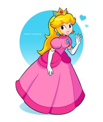 1girl absurdres artist_name blonde_hair crown dress earrings elbow_gloves gloves heart highres jewelry long_dress long_hair mario_(series) nintendo pink_dress pink_lips ponytail princess_peach puffy_short_sleeves puffy_sleeves short_sleeves solo sphere_earrings vinny_(dingitydingus) waving white_gloves